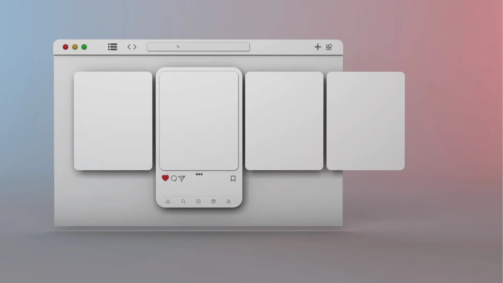 A browser mockup with card layouts showing a social feed layout, symbolizing workflow and publishing