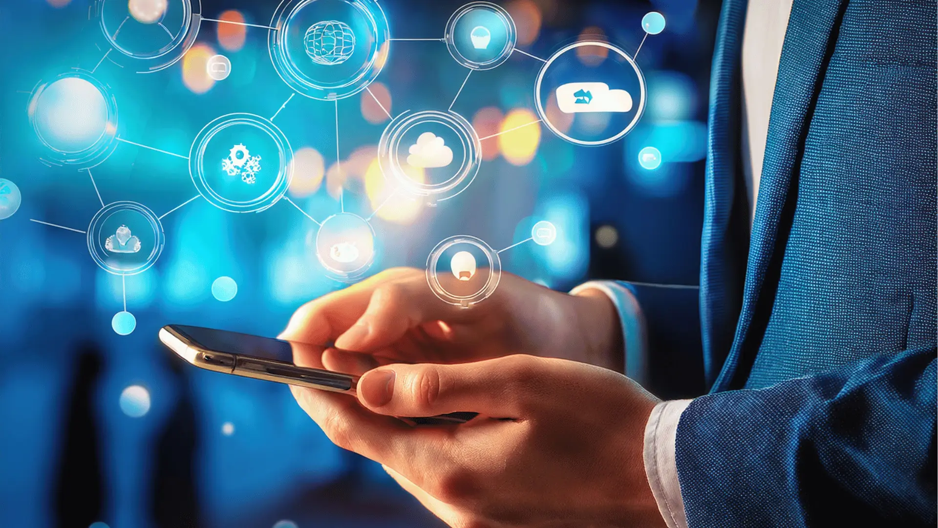 Hands of a man in a suit holding smartphone with floating cloud icons for scheduling