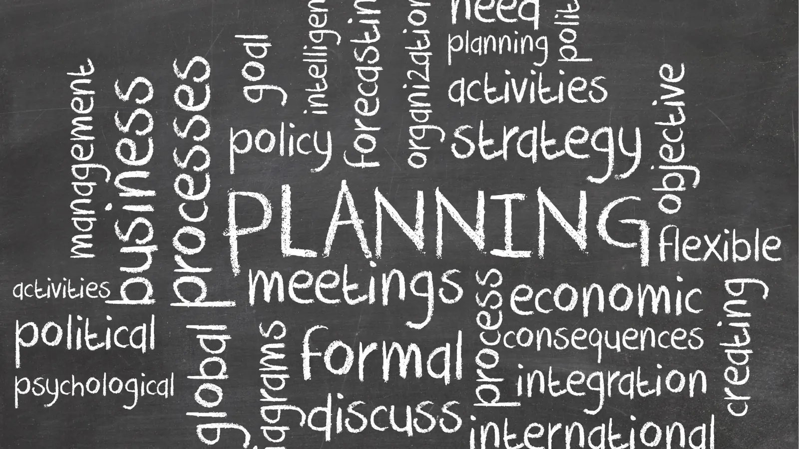 Chalkboard word cloud with planning and business-related words in white chalk for creative production