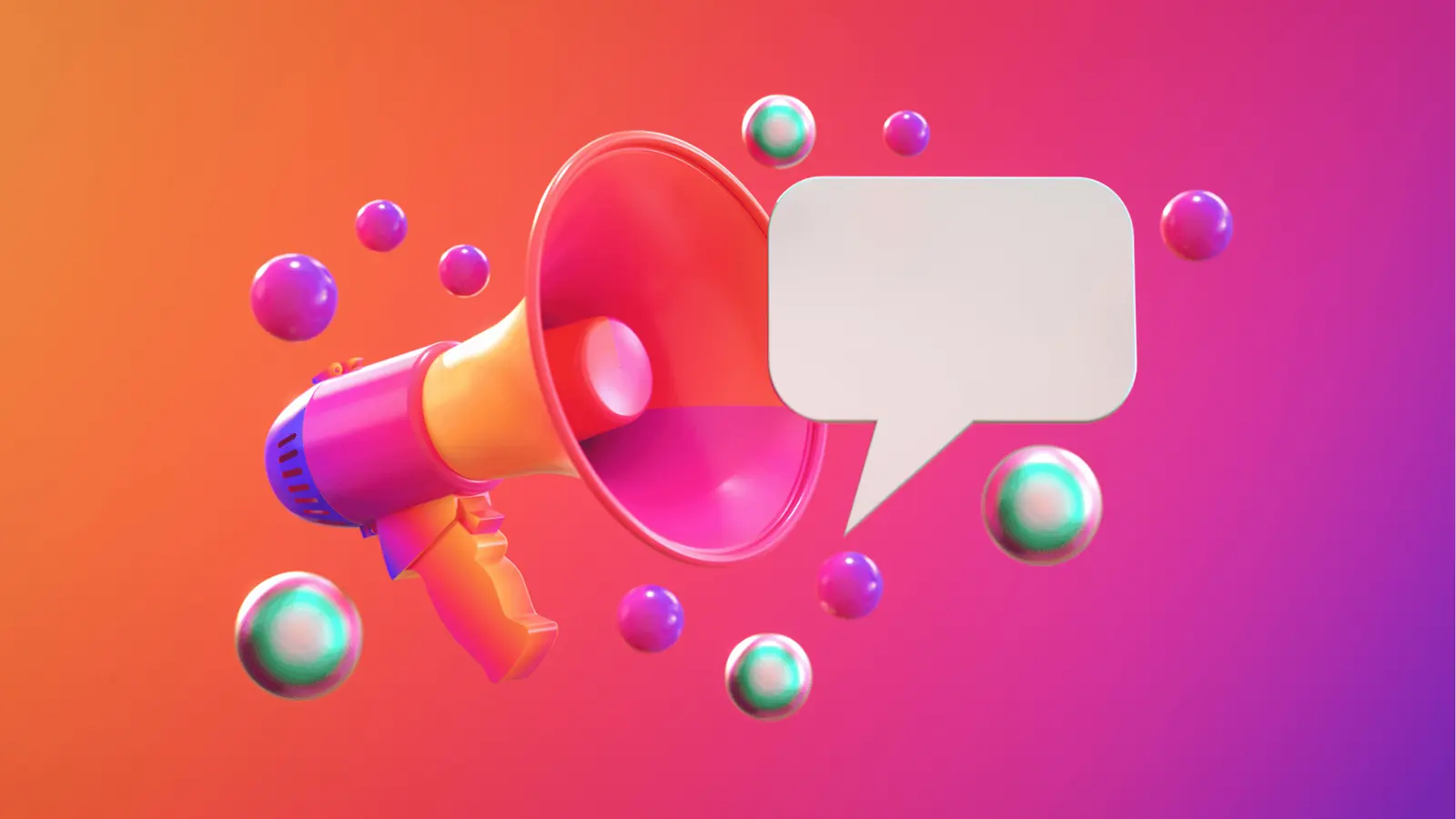 Colorful 3D megaphone with speech bubble and floating spheres on gradient background
