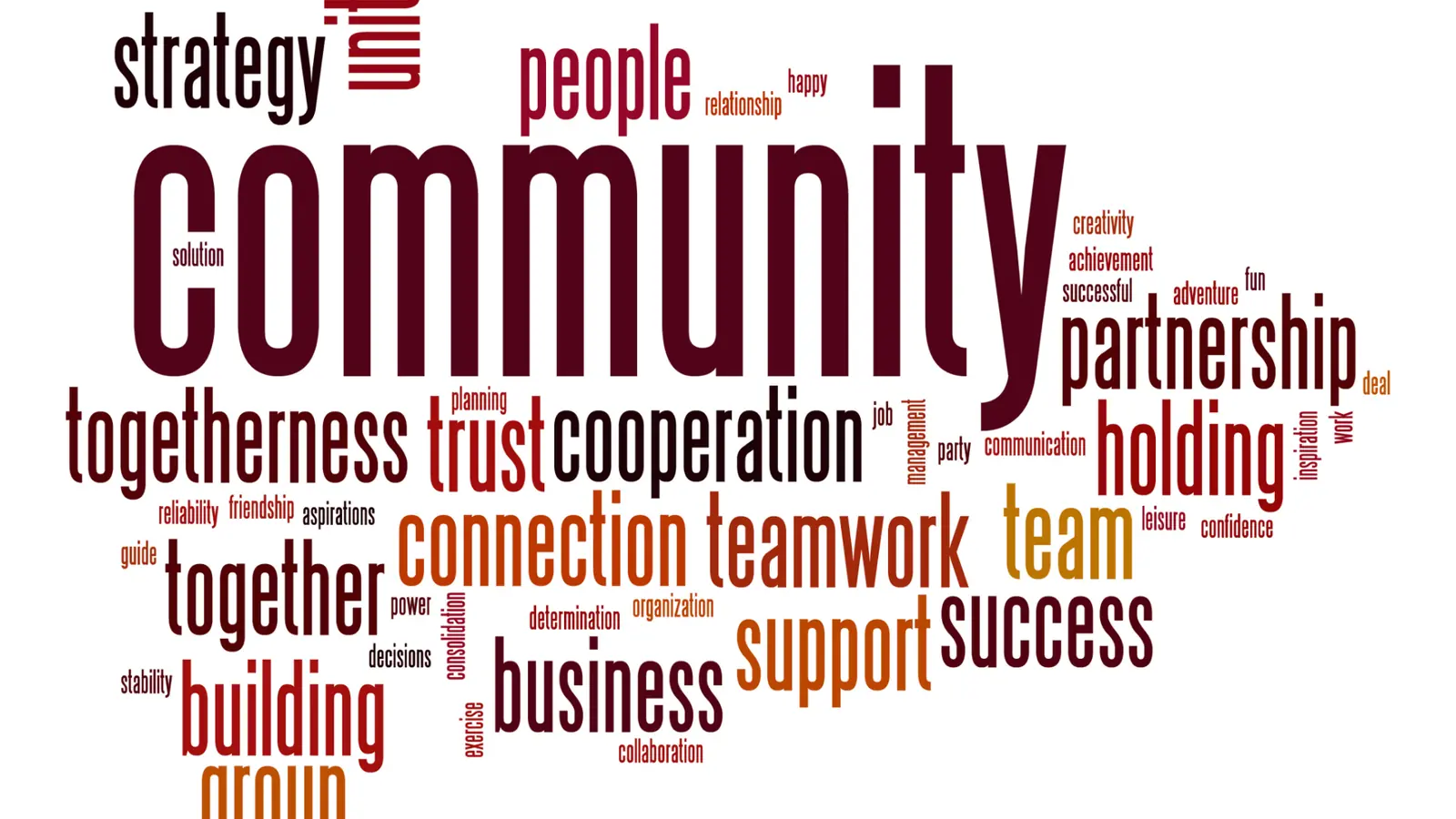 Word cloud graphic with community teamwork connection partnership words in burgundy and orange for publishing