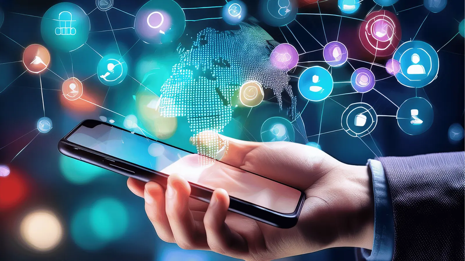 Hand holding smartphone with holographic globe and digital network icons above screen for analytics