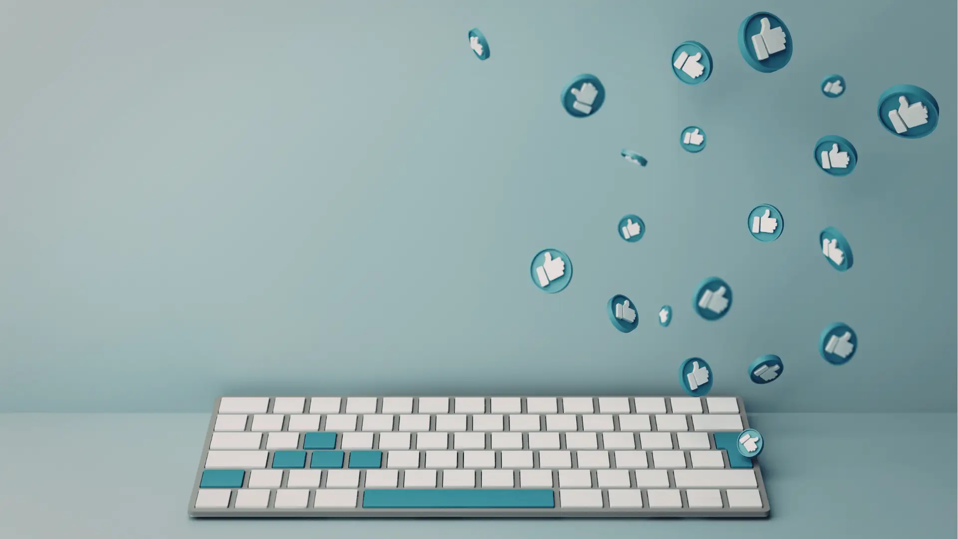 White keyboard with teal keys and floating thumbs-up icons on teal background