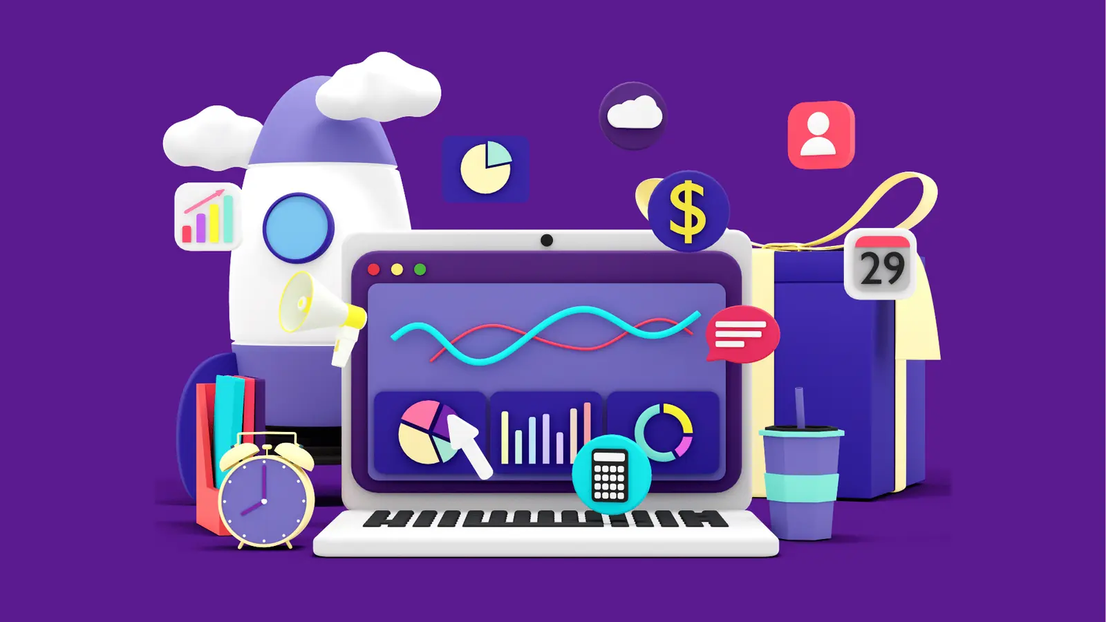 Three-dimensional illustration of laptop dashboard with charts, rocket, clock, and shopping bag for workflow