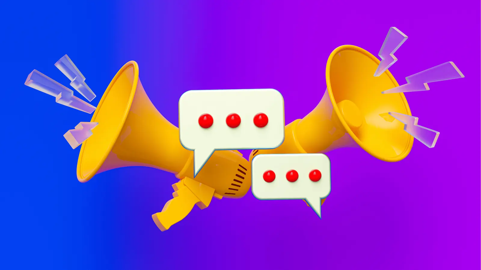 Two yellow megaphones with chat bubbles and sound icons on purple gradient for planning