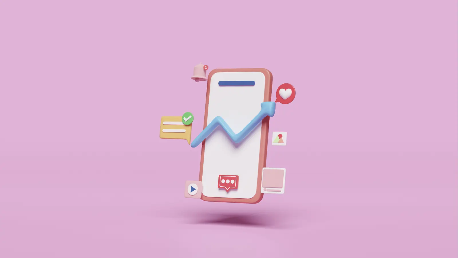 3D illustration of a smartphone with social icons and growth arrow for automation