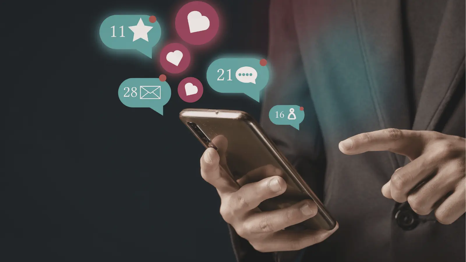 Hands holding smartphone with floating social media notification icons for AI-assisted workflow