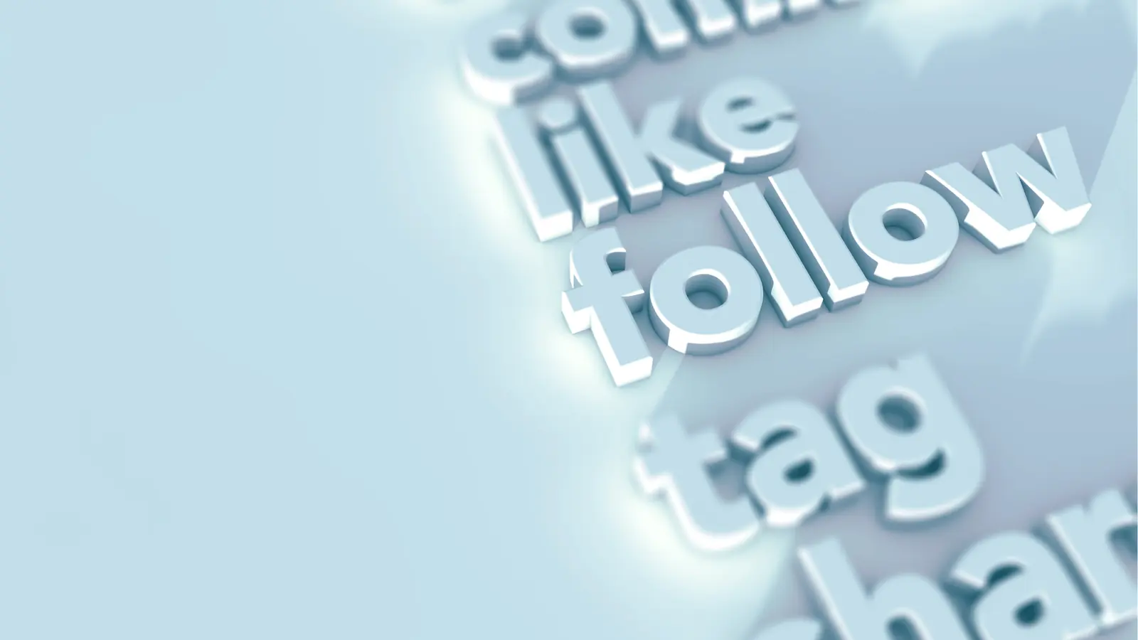 Close-up of raised social words follow, tag, like glowing on blue background for content calendar