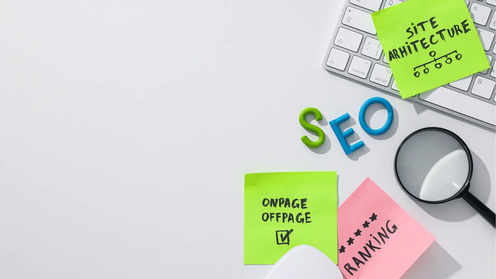 Flatlay of keyboard, sticky notes, magnifying glass and plastic letters spelling SEO