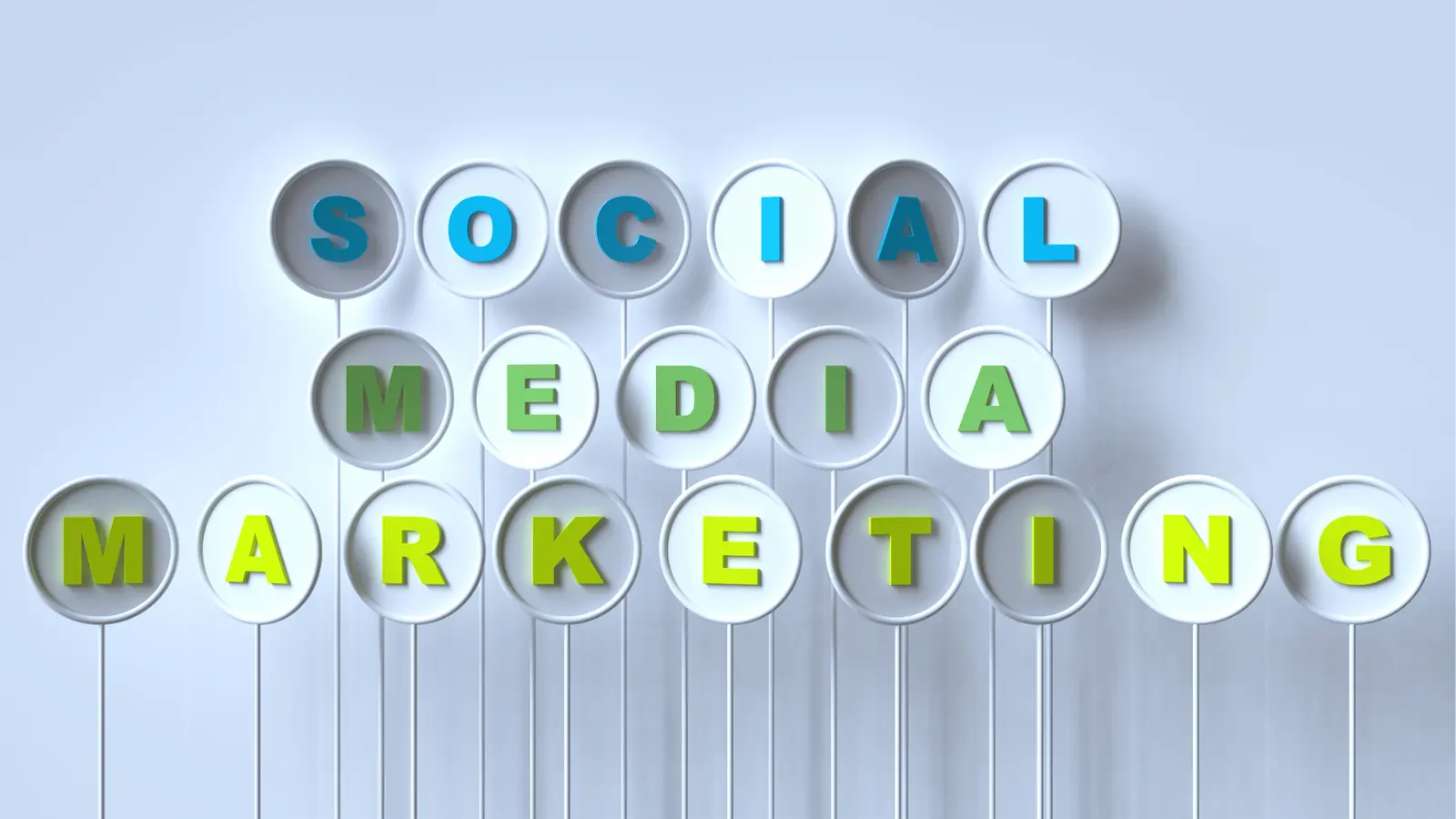 White circular signs on poles spelling 'social media marketing' in colored letters for analytics