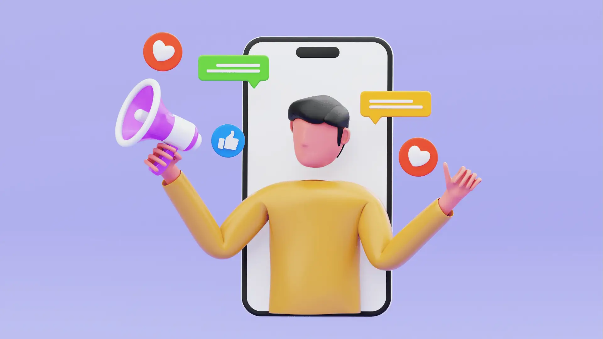 Cartoon person emerging from smartphone with megaphone and social icons