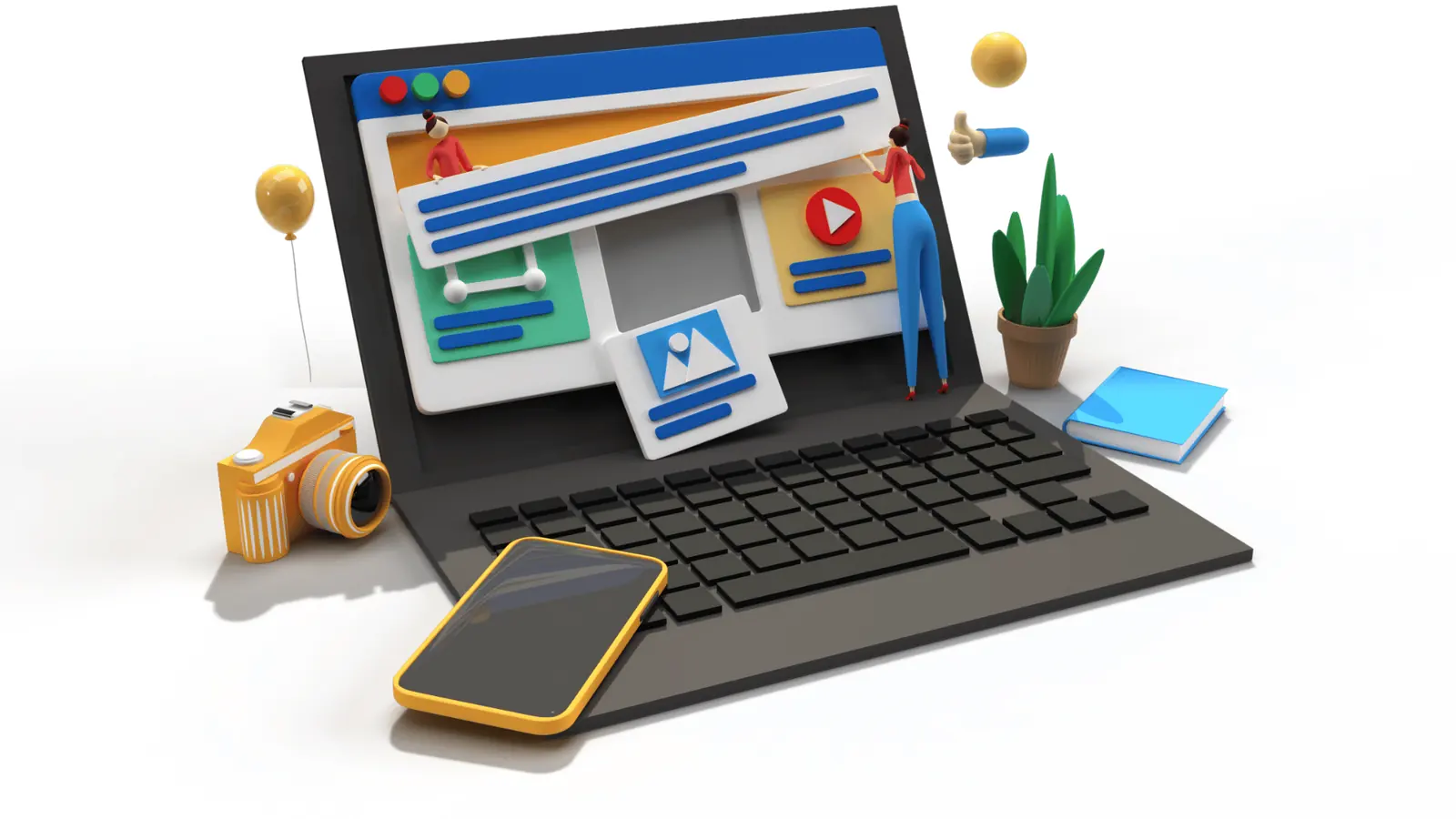 Three-dimensional illustration of a laptop displaying a colorful website mockup and tools for inbox management