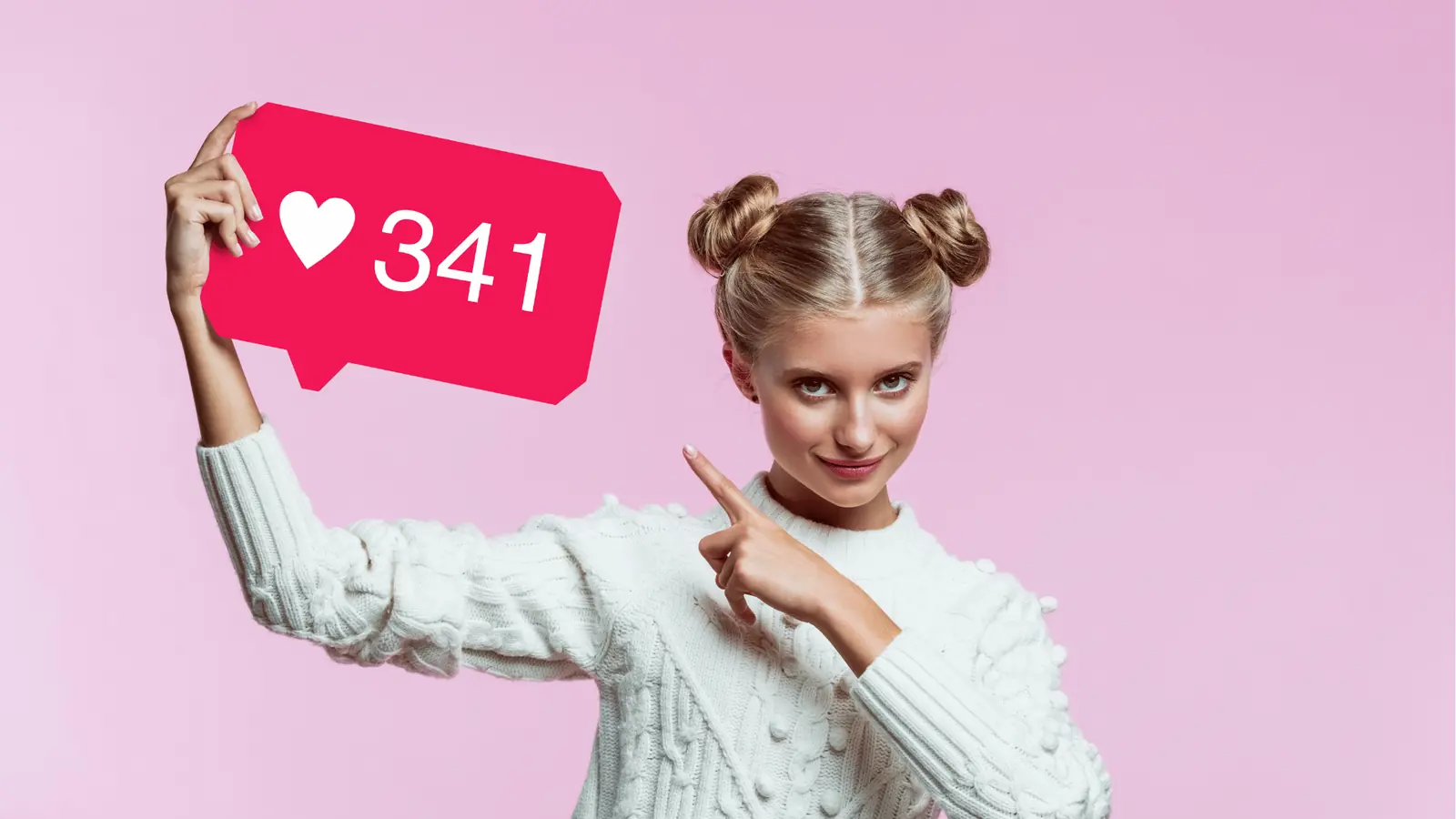Young woman holding a social media like bubble showing 341 for AI-assisted workflow