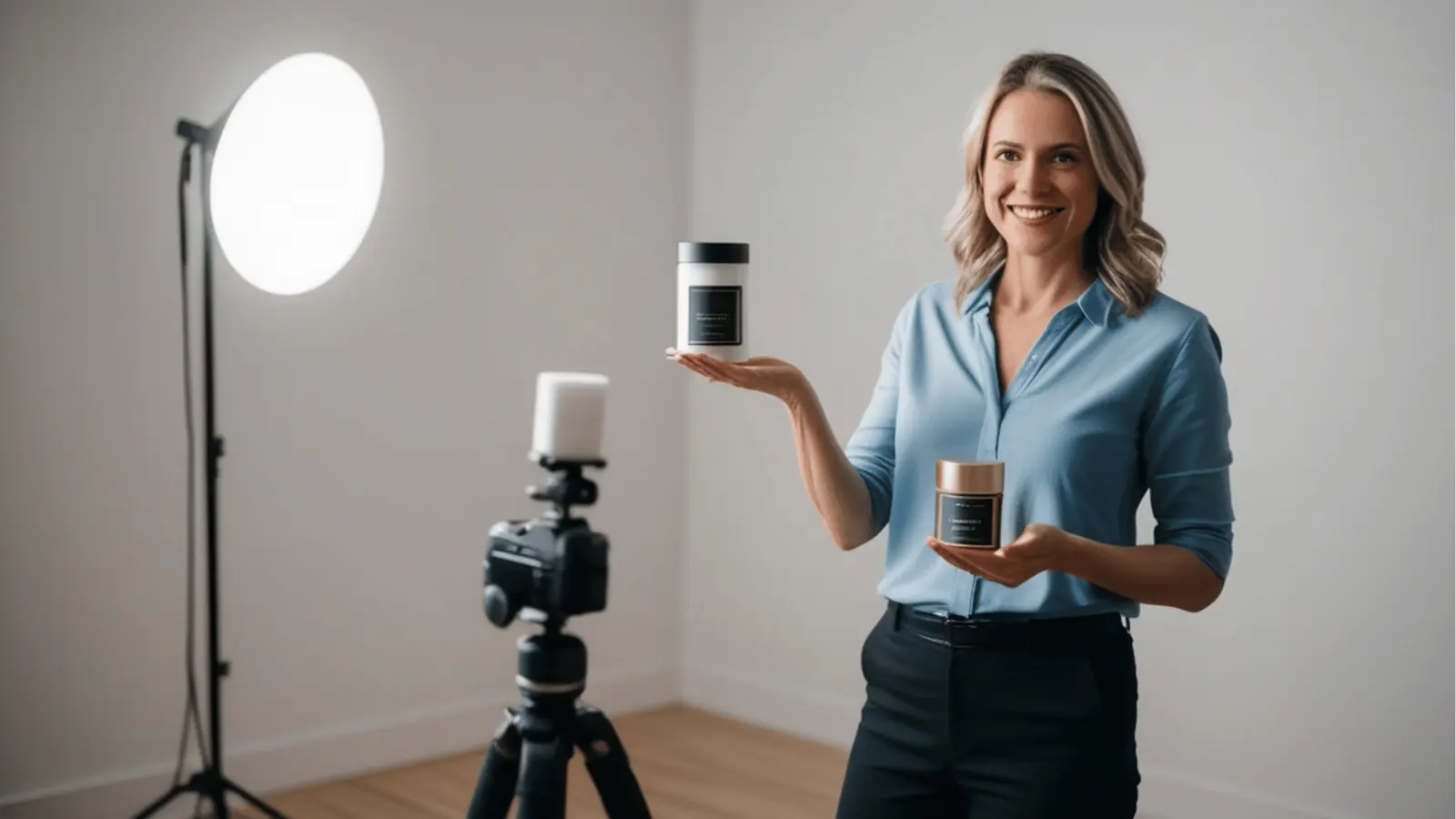 Smiling woman in studio demonstrating two jar products in front of camera for publishing