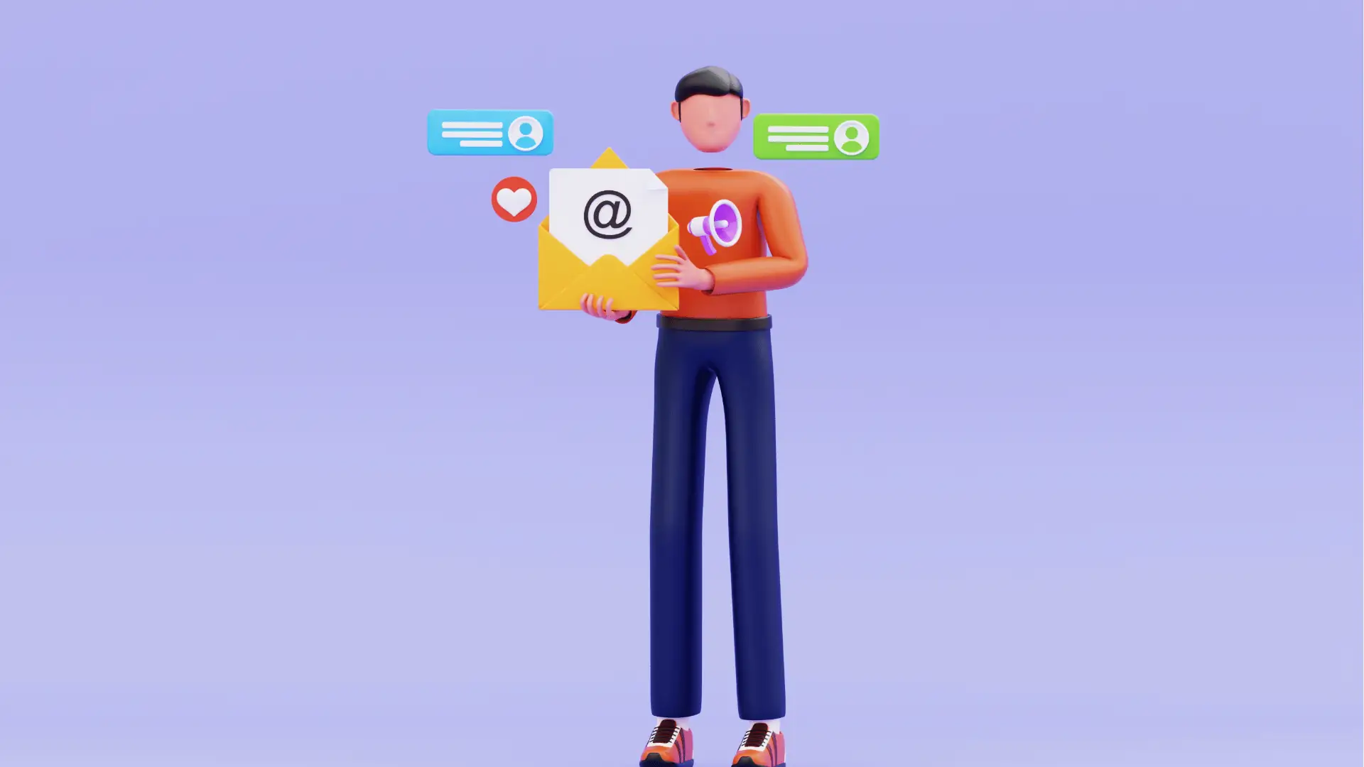 Stylized person holding envelope with email symbol and chat icons for inbox management