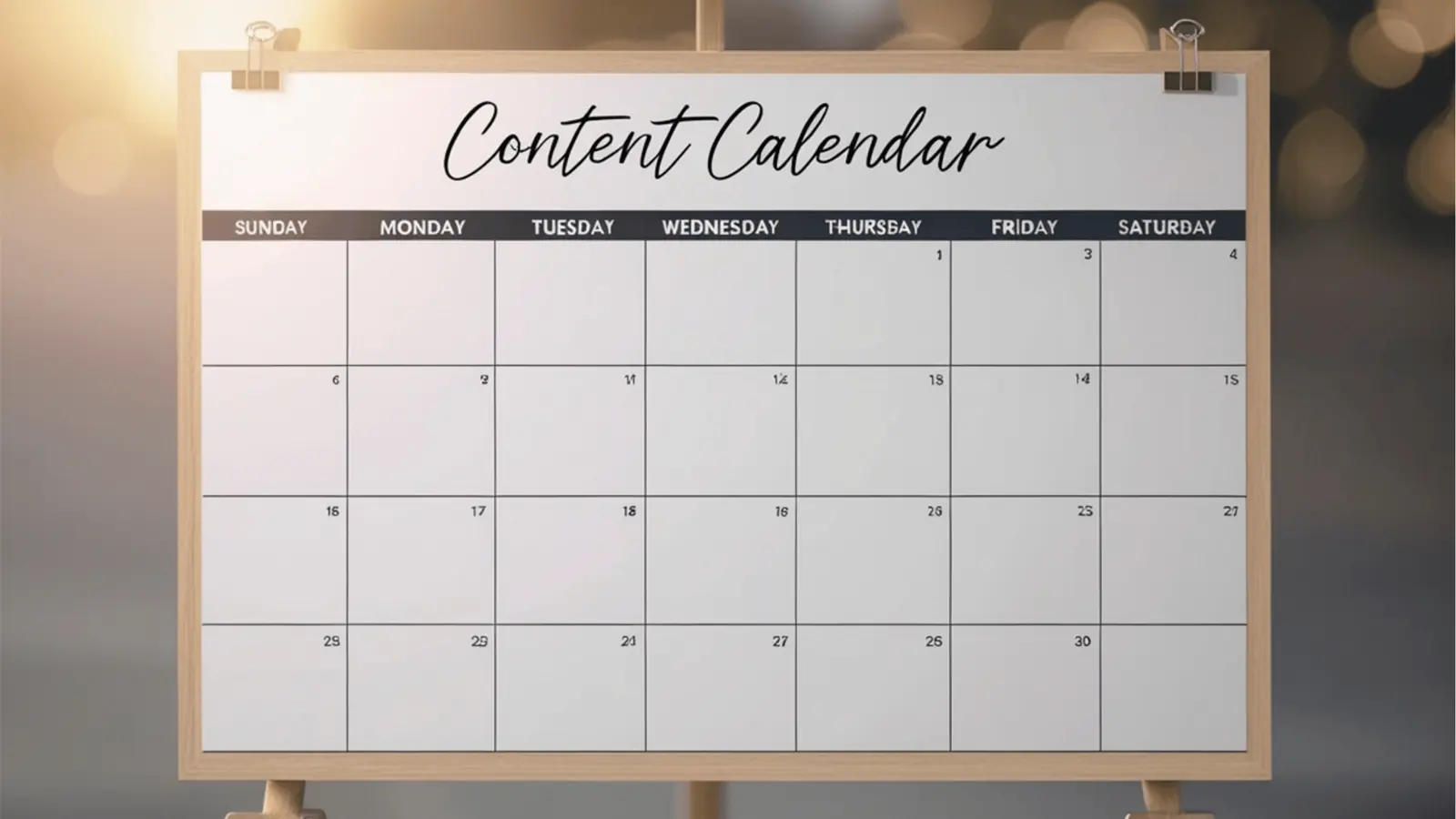 Blank monthly content calendar on wooden easel with empty date boxes for publishing