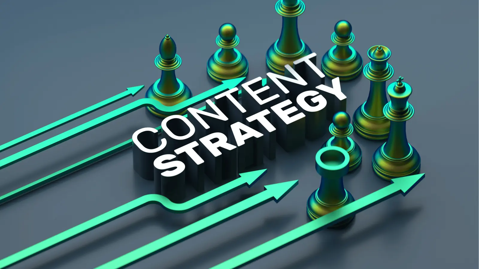 3D chess pieces and teal arrows around bold text reading Content Strategy for inbox management