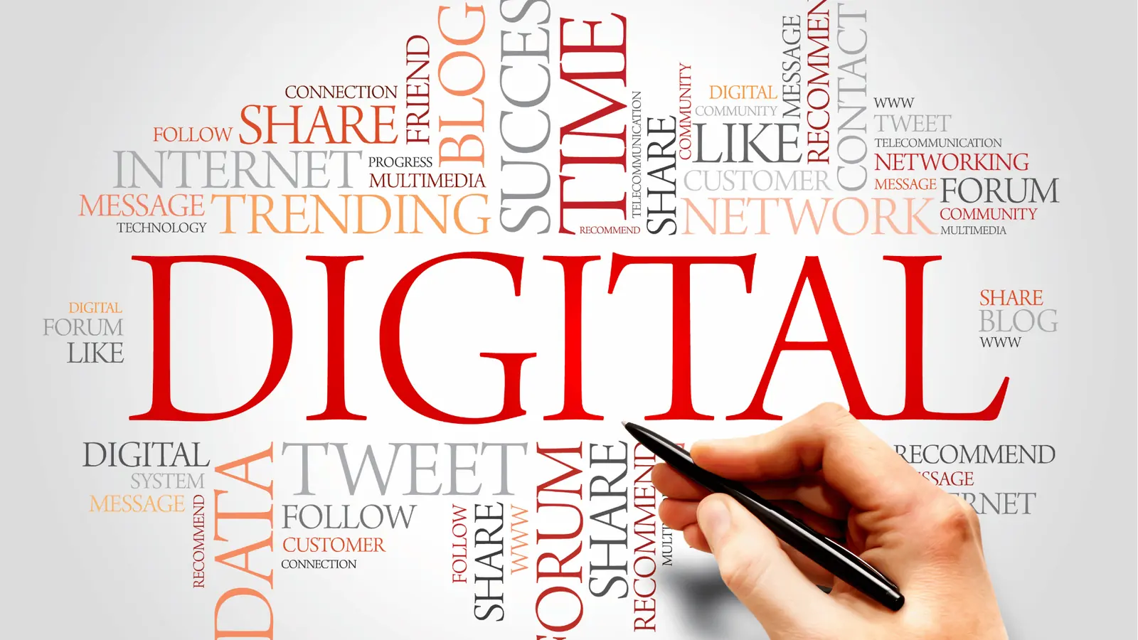 Hand holding pen over word cloud centered on word DIGITAL for approval workflow