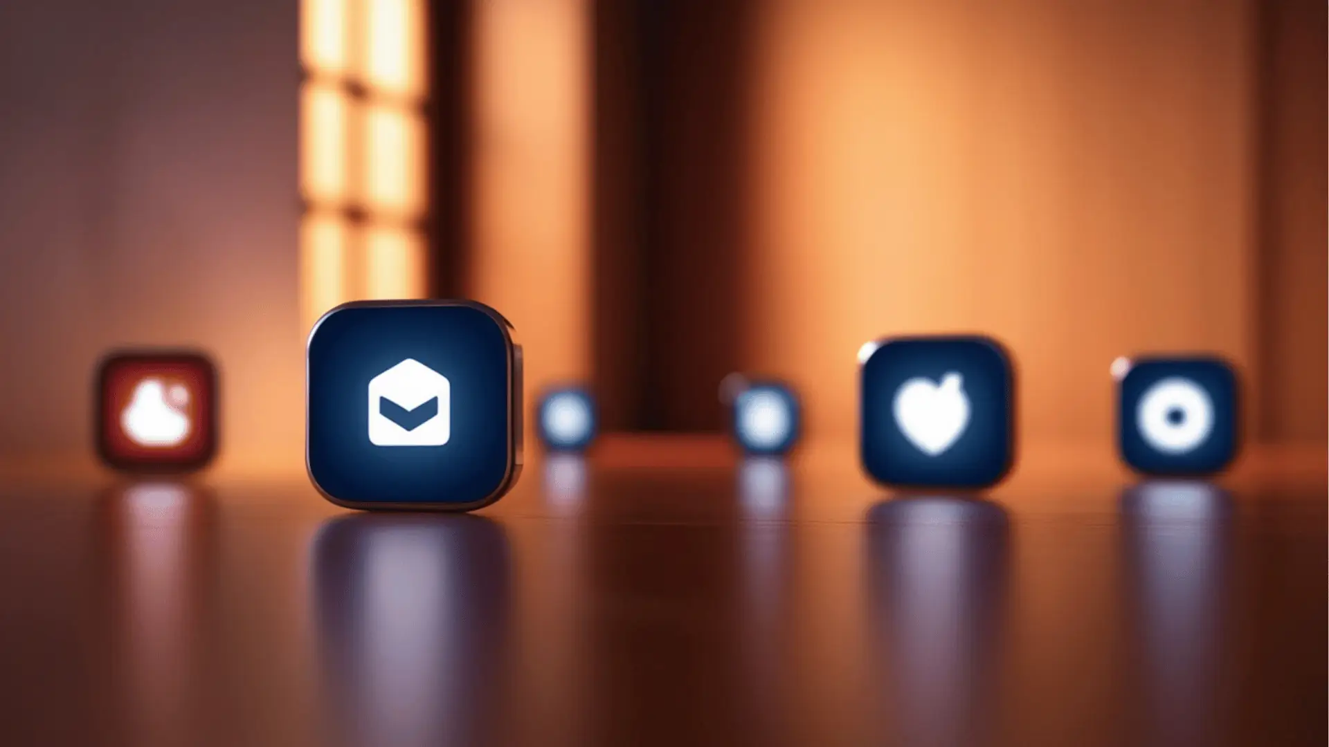 Close-up of glowing rounded app icons on a reflective wooden surface for analytics