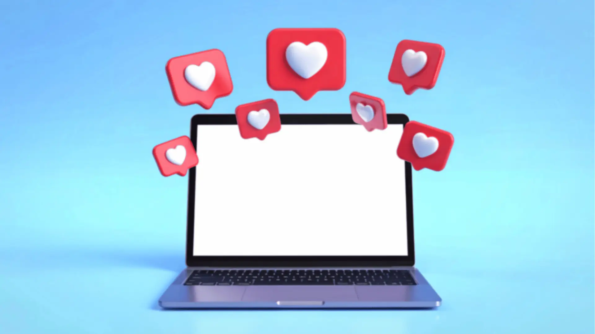 Open laptop with blank white screen and floating red heart notification badges for reporting