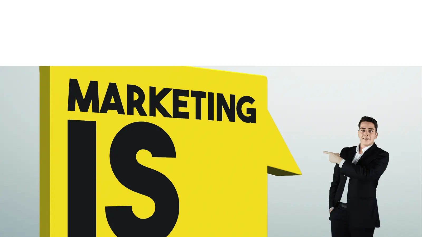 Man in suit pointing at large yellow sign that reads MARKETING IS for approval workflow