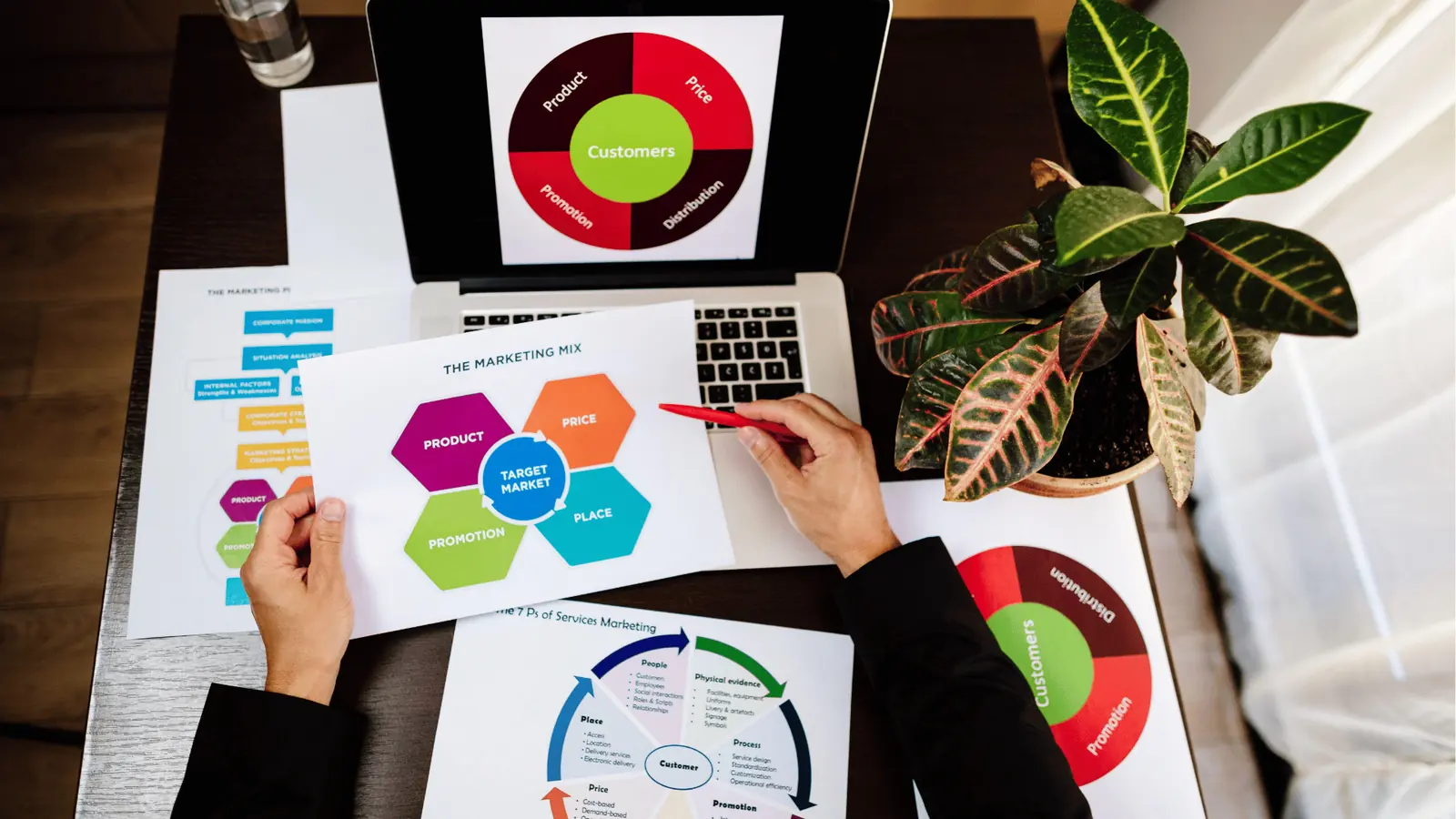 Overhead view of hands holding marketing mix diagram beside laptop and plant for automation