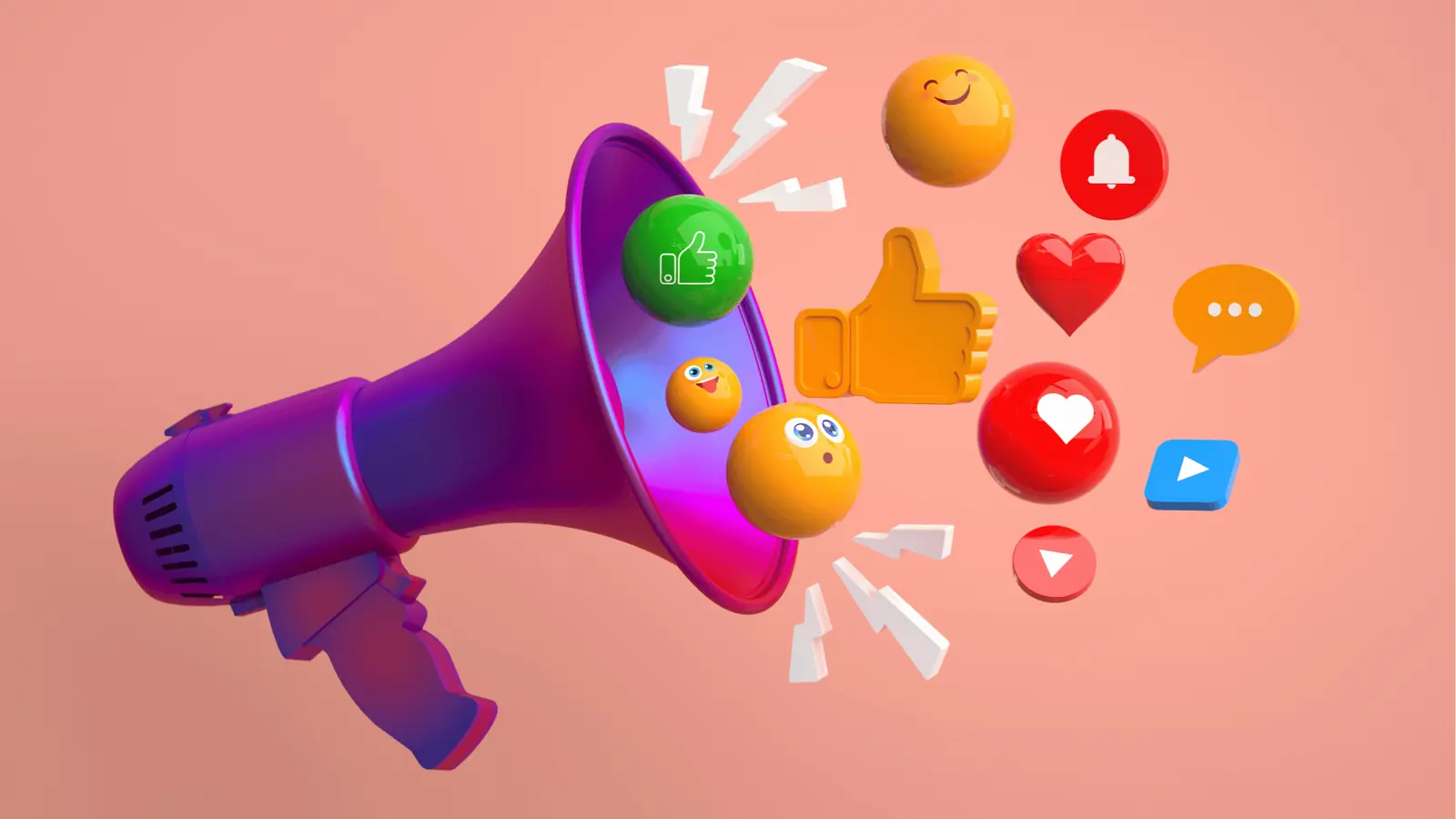 Purple megaphone with floating social media reaction icons and emojis for scheduling