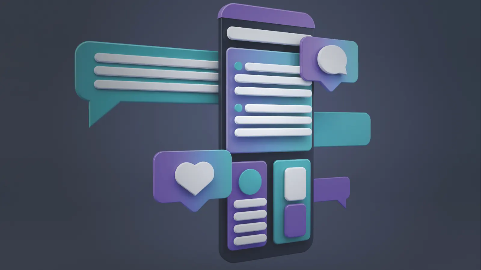 3D illustration of smartphone surrounded by chat bubbles and UI elements for content calendar