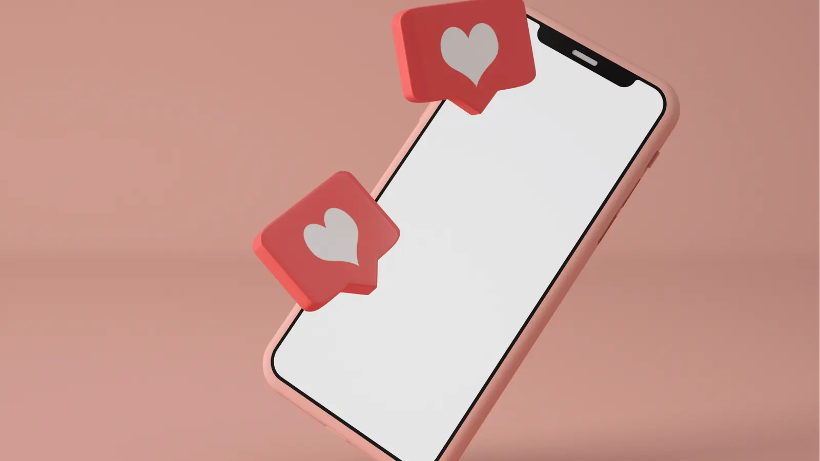 Tilted pink smartphone with blank screen and floating red heart notifications