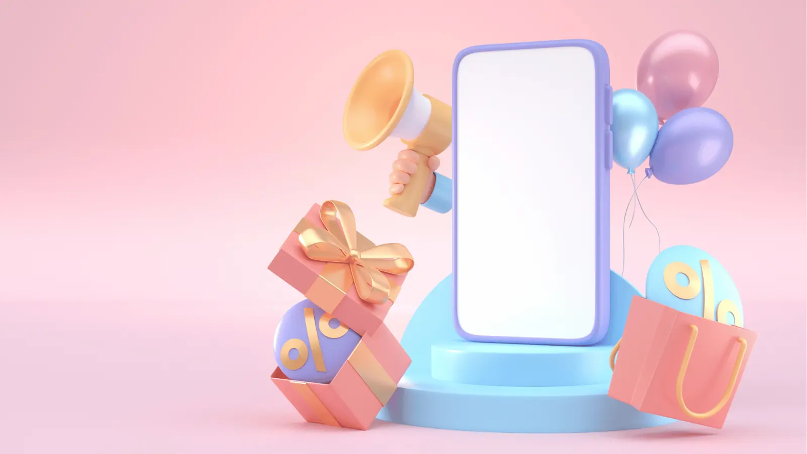 Blank smartphone mockup with gifts, balloons, megaphone, and percent icons