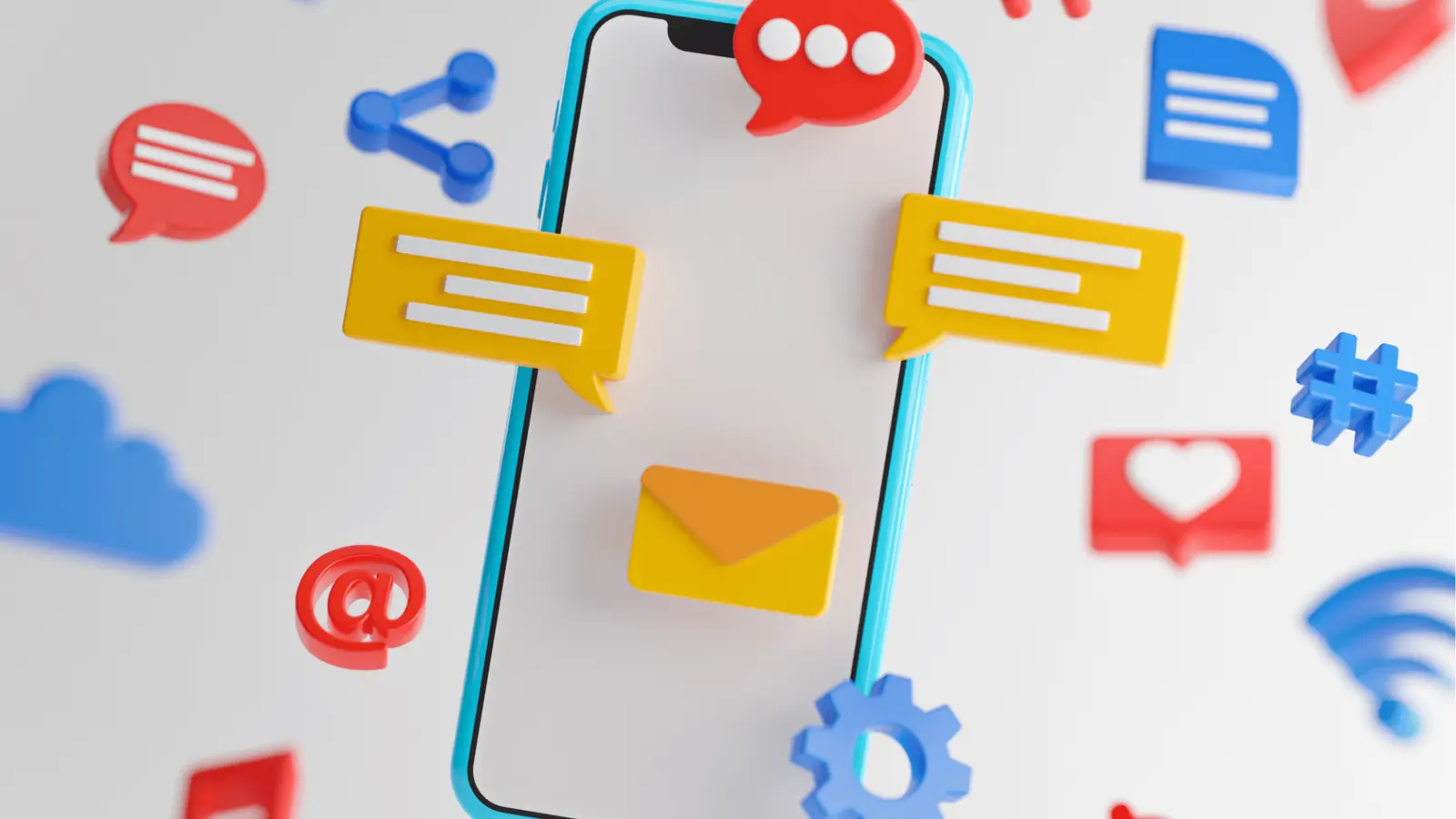 Blue smartphone surrounded by colorful floating social media icons and chat bubbles for approval workflow