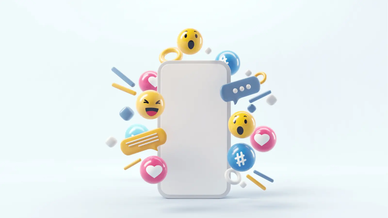 Blank smartphone mockup surrounded by colorful three-dimensional social media icons for brand management
