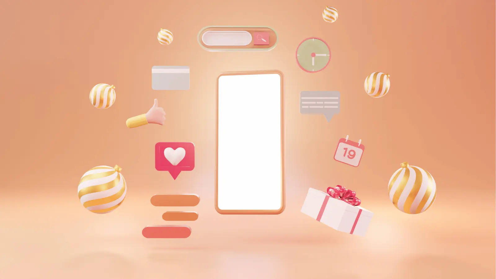 3D smartphone mockup surrounded by floating social media icons and gift for scheduling