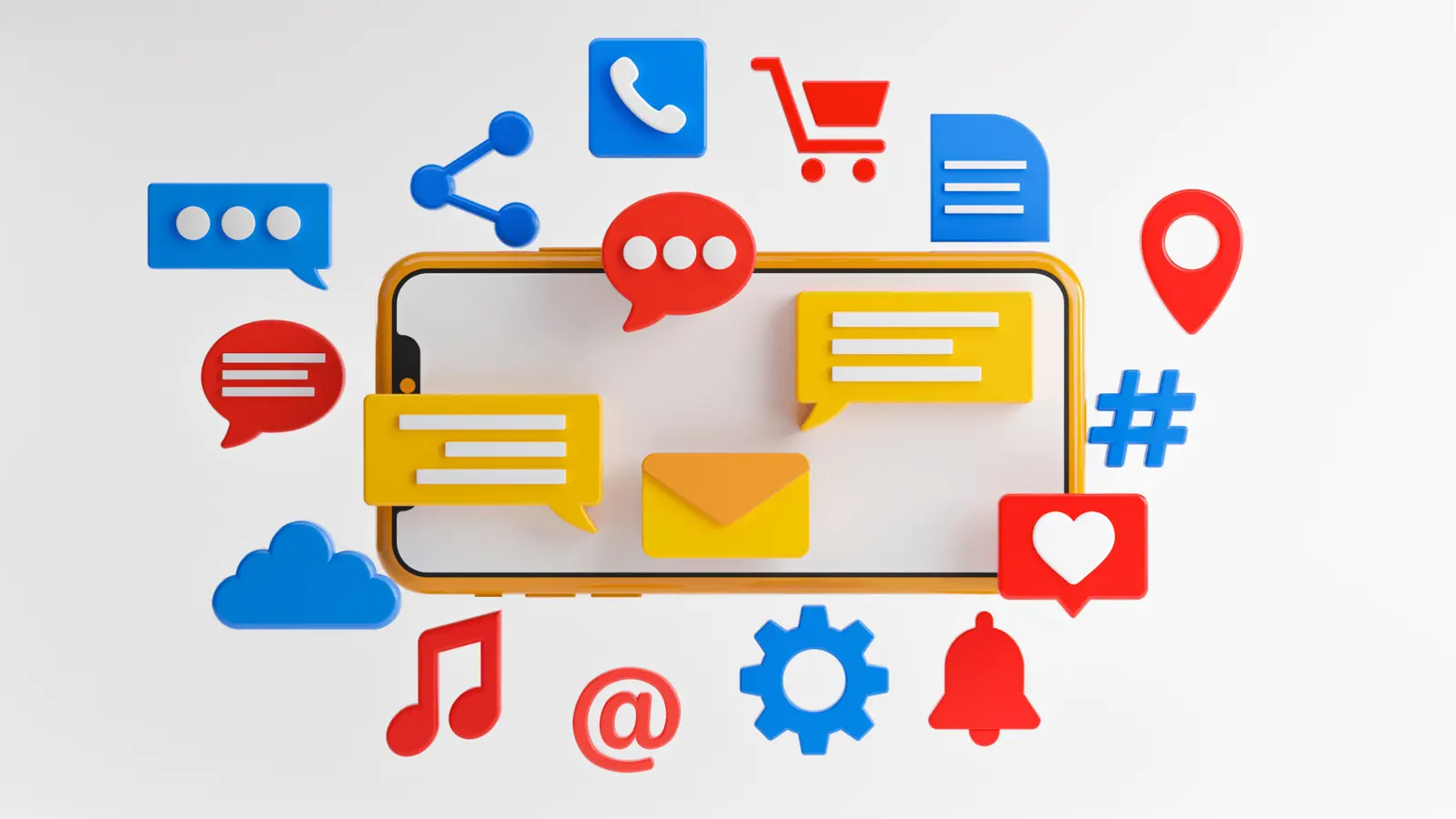 Yellow smartphone outline surrounded by colorful social media and app icons for content calendar