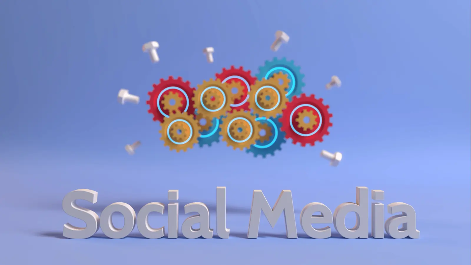 3D text Social Media with colorful floating gears and scattered bolts