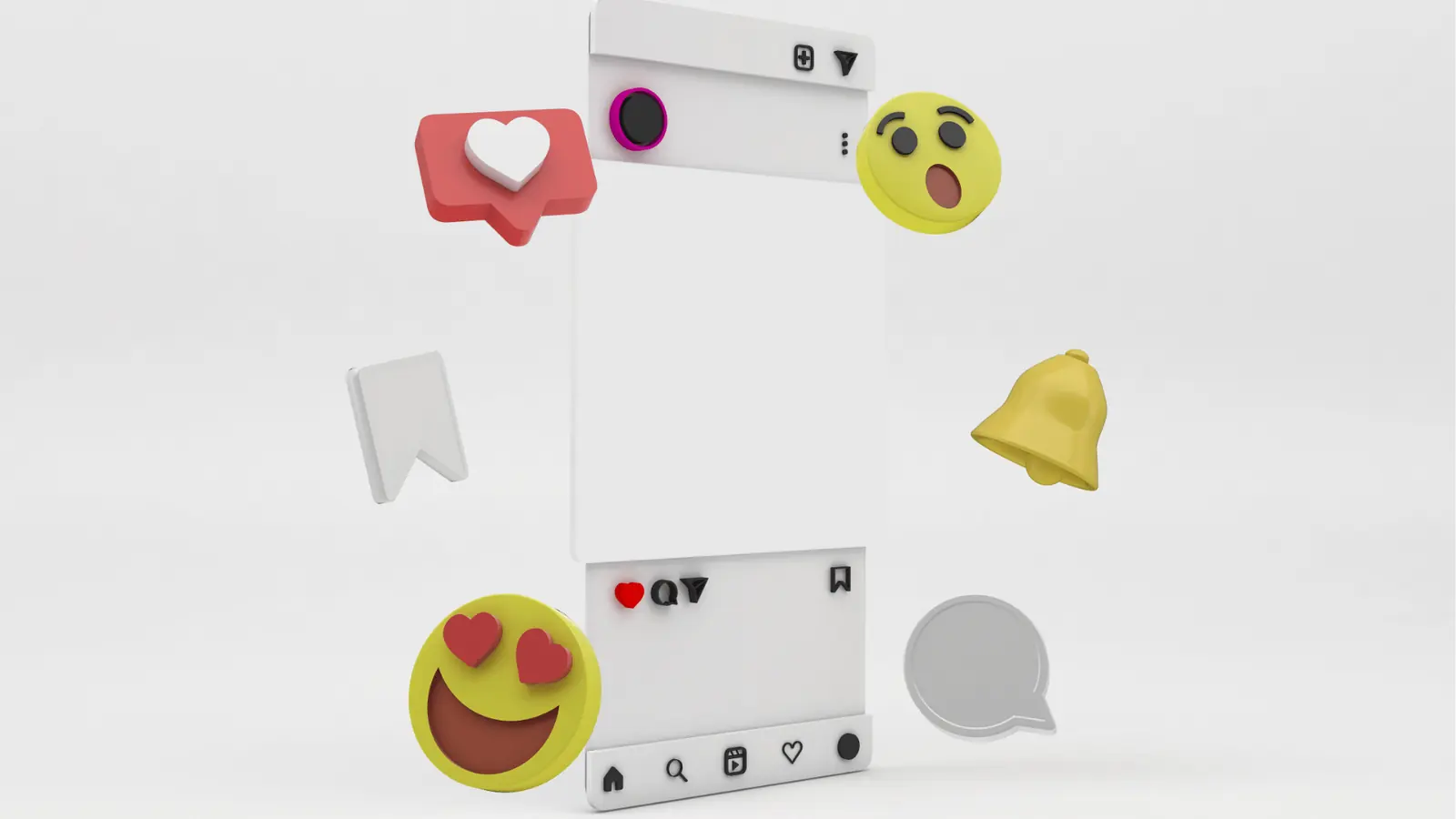 3D mockup of a blank mobile post surrounded by social icons and emojis for approval workflow