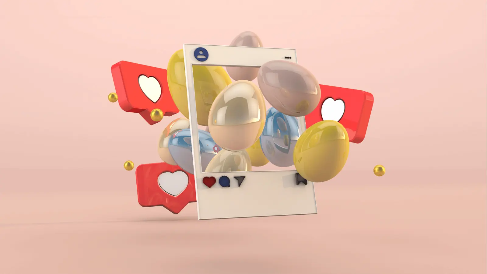 Three dimensional illustration of social media like icons and glossy egg-shaped objects in frame