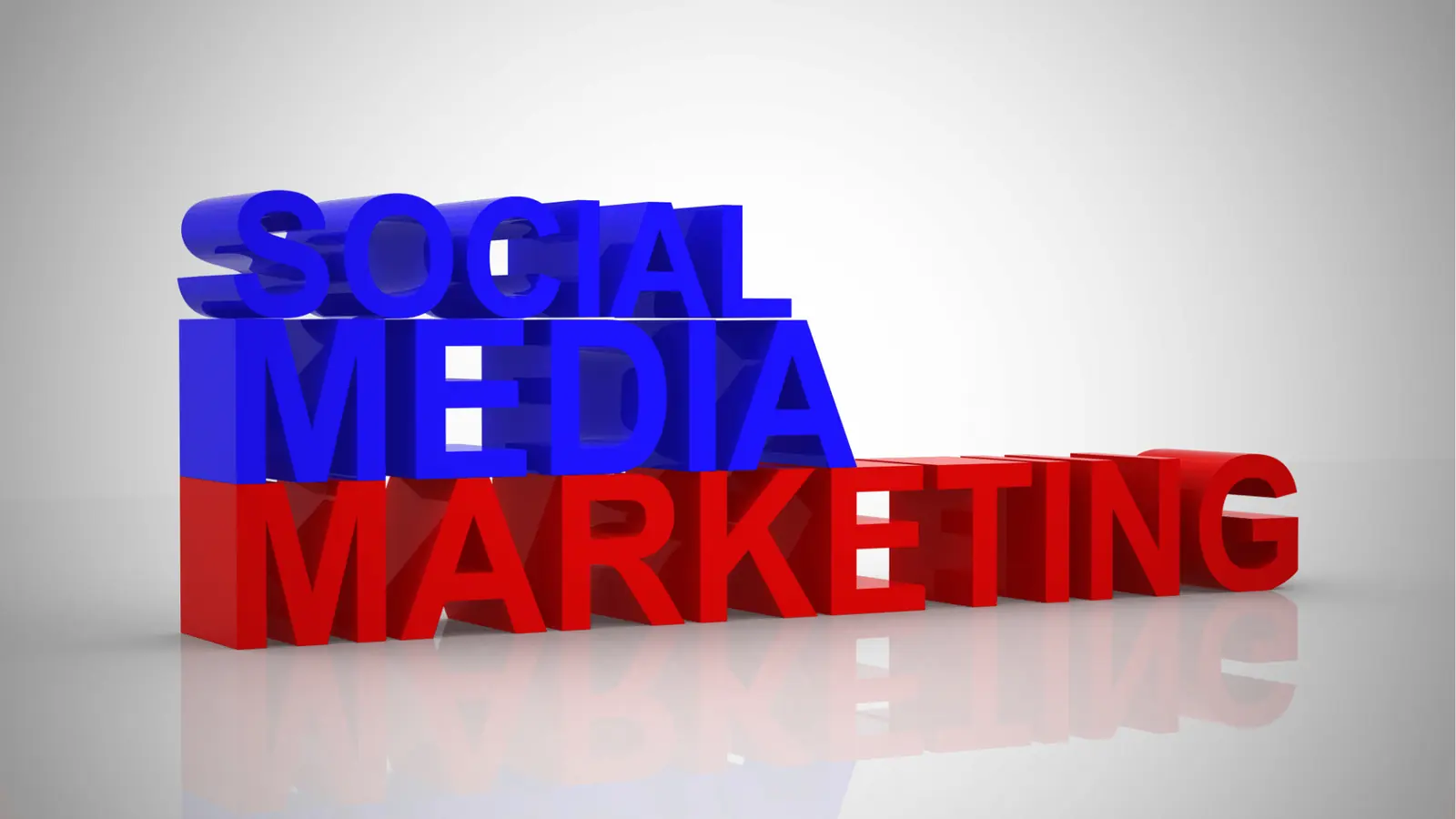 Glossy three-dimensional words 'SOCIAL MEDIA' in blue above red 'MARKETING' on white background for scheduling