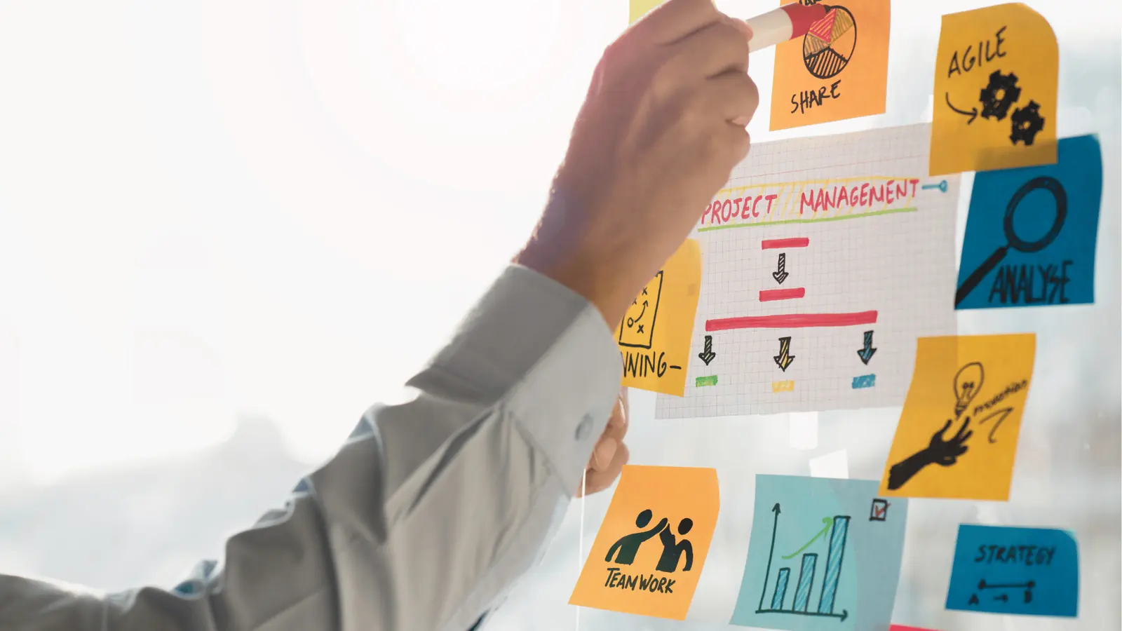 Hand placing sticky notes and a project management diagram on glass wall