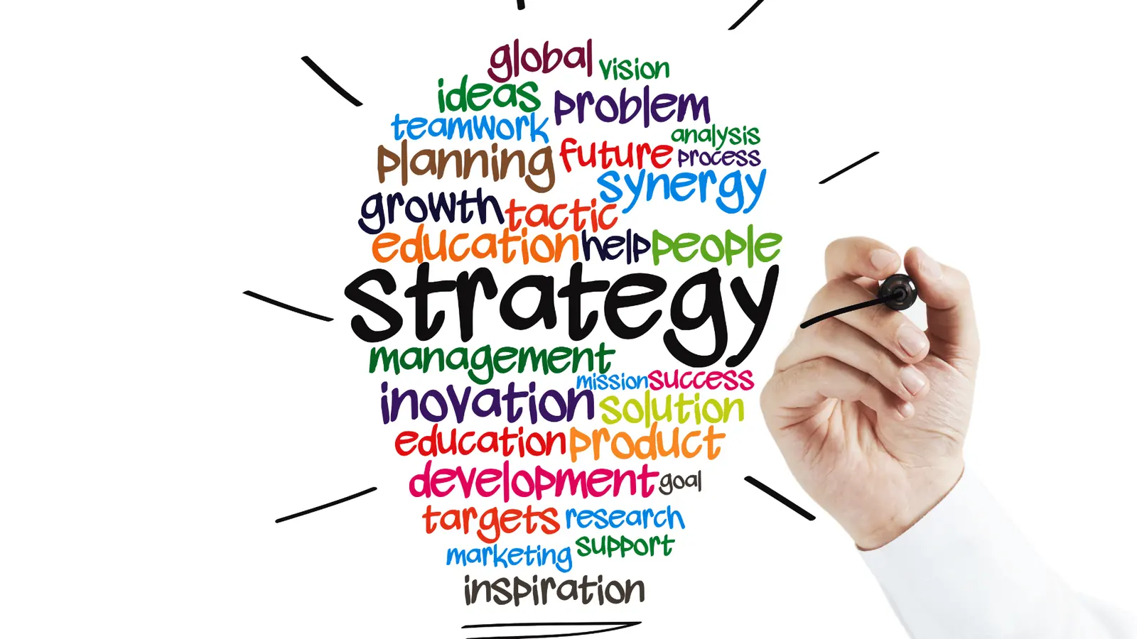 Hand drawing lightbulb shaped word cloud with strategic business terms for creative production