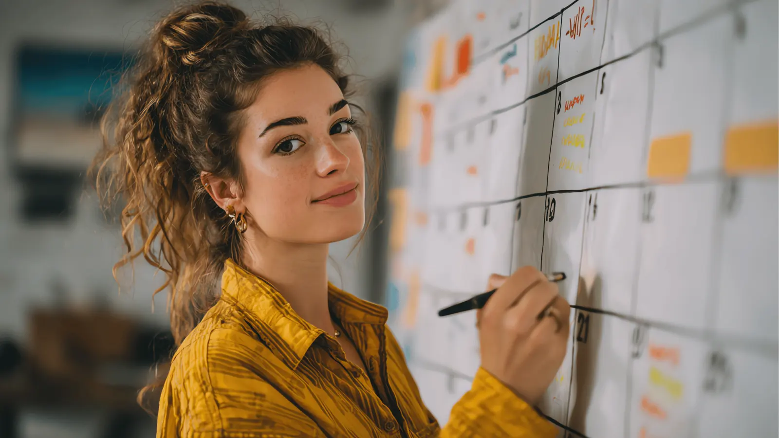 Smiling young woman writing on a large wall calendar with marker