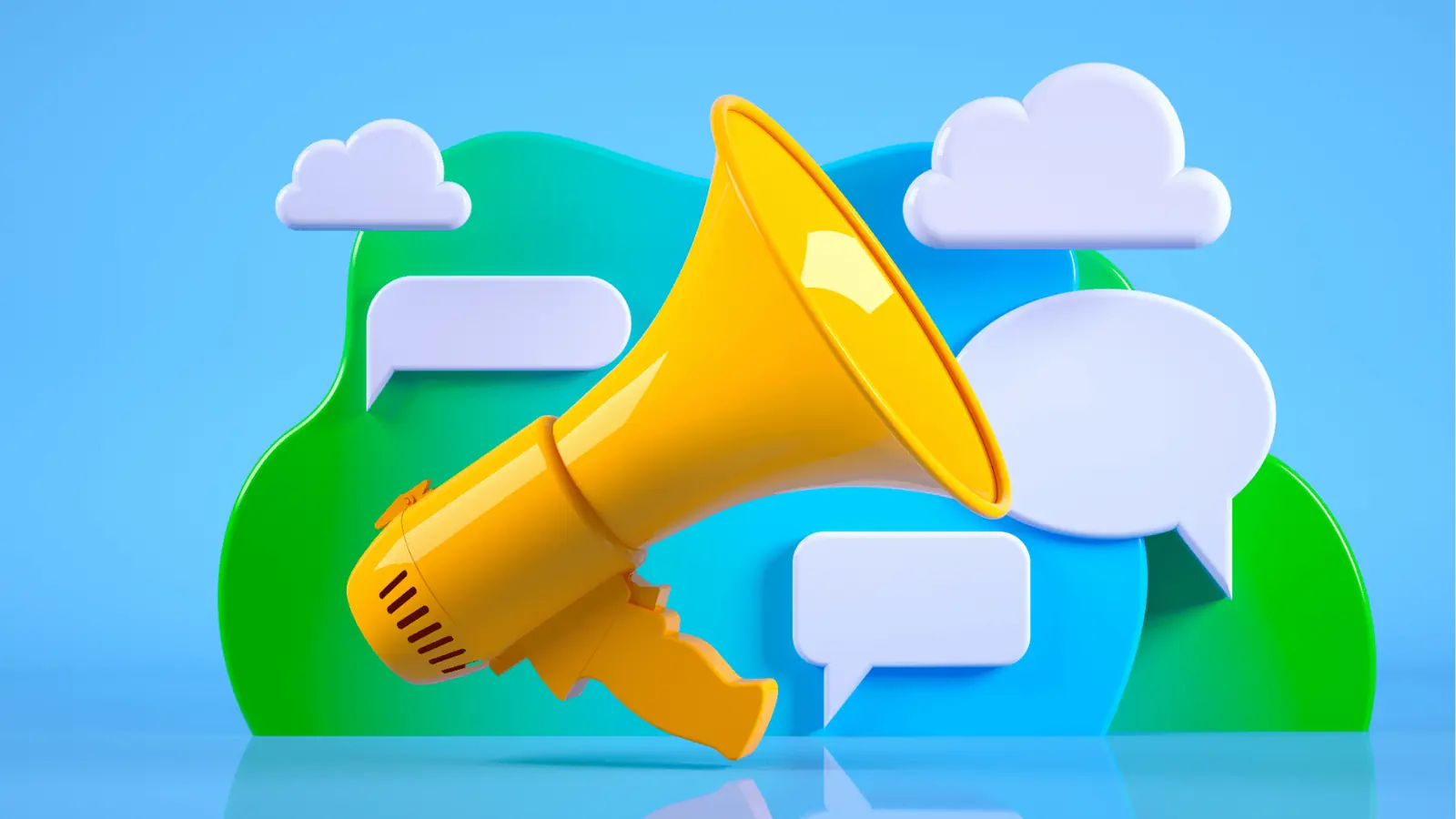 Three-dimensional yellow megaphone with speech bubbles and cloud shapes behind for publishing