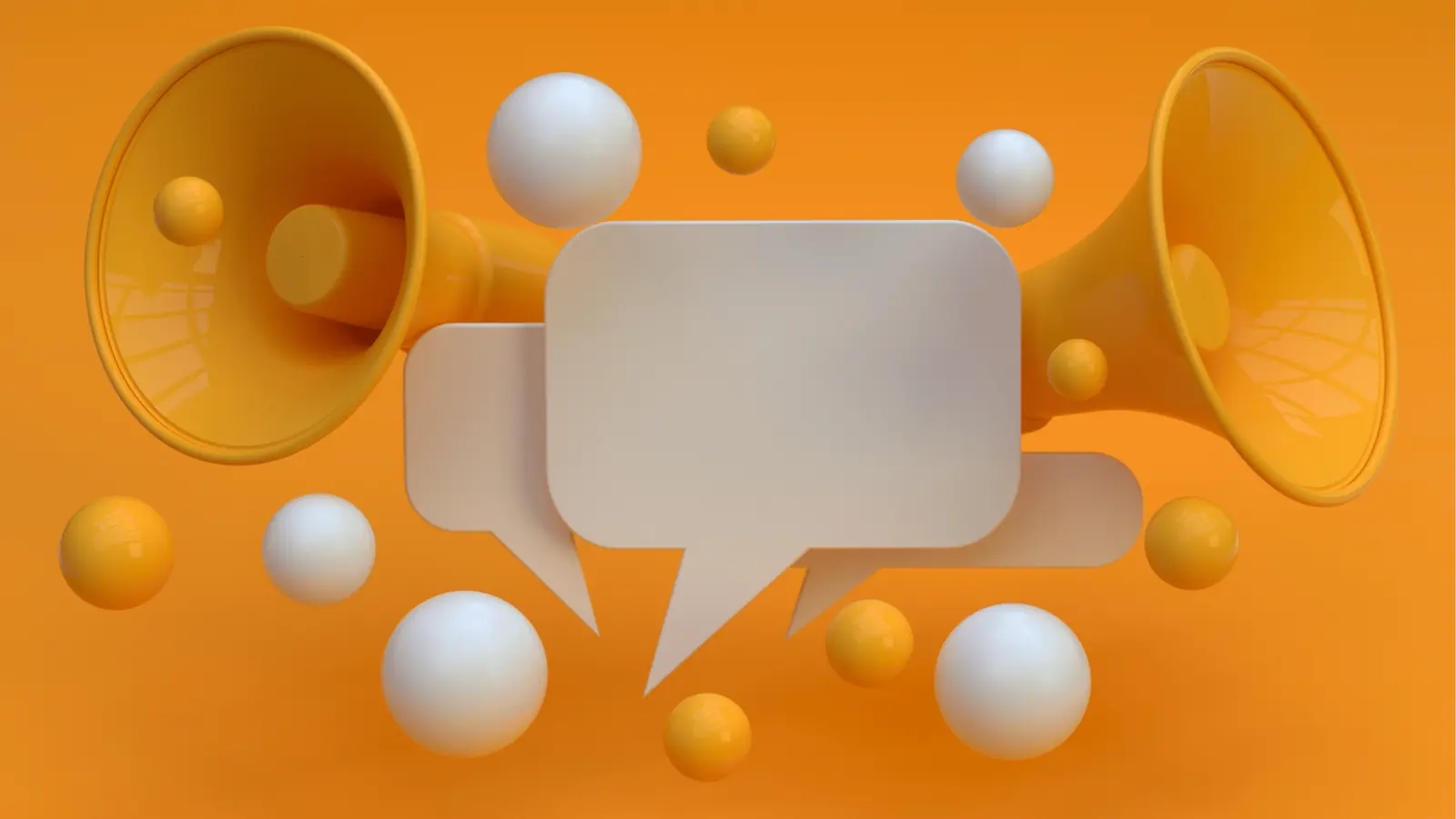 Two yellow megaphones with speech bubbles and floating spheres on orange background for asset management