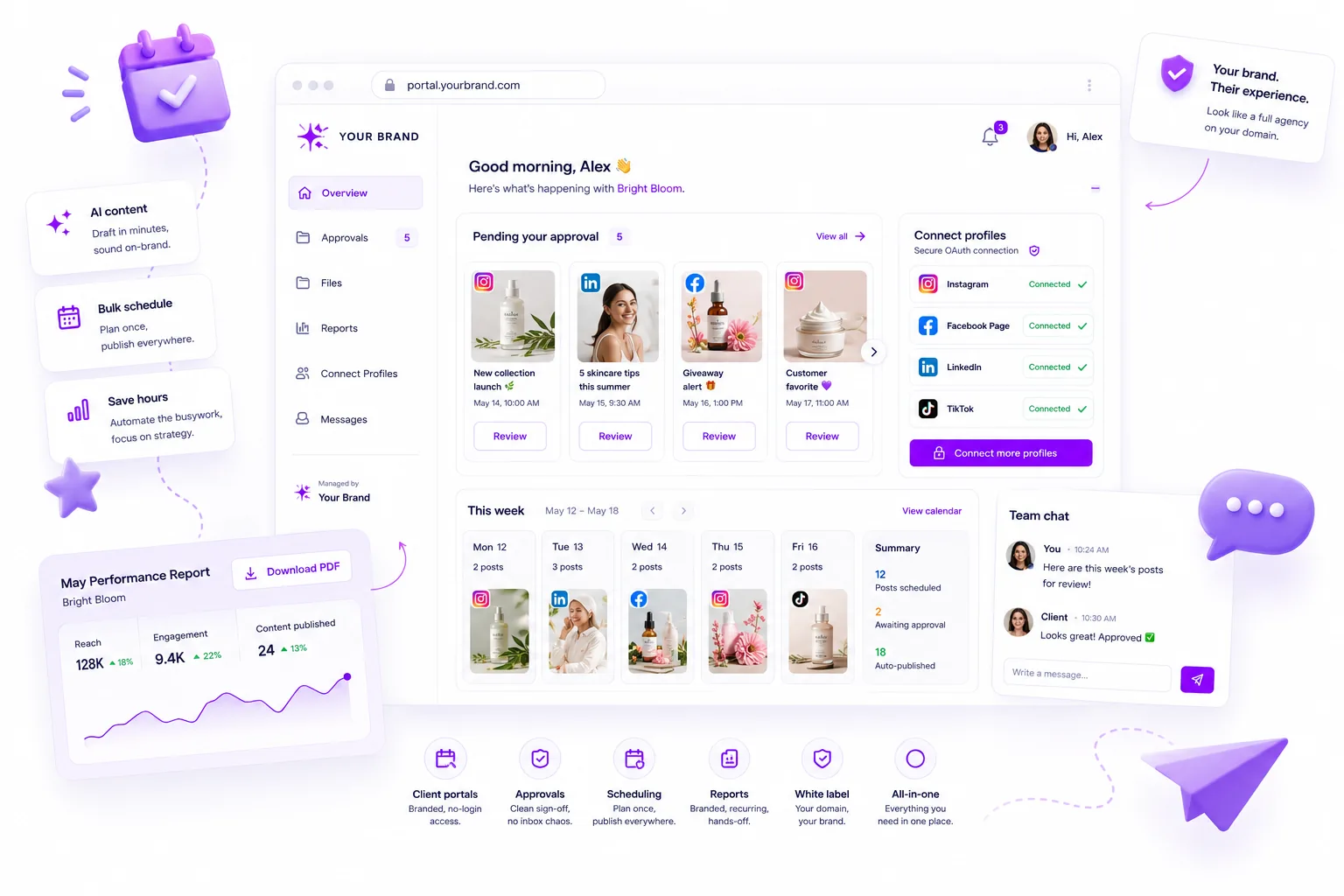 Workspace do Mydrop para freelancers com portais de cliente, aprovações, agendamento, relatórios e coleta de ativos.