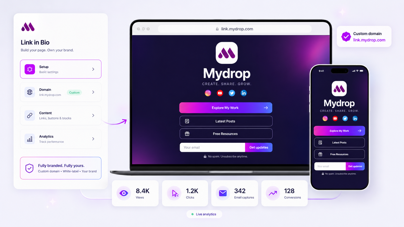 Mydrop Link in Bio feature interface