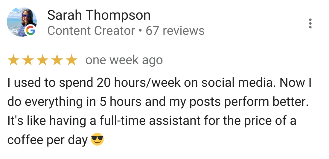 Sarah Thompson, Content Creator — 5-star Mydrop review: "I used to spend 20 hours/week on social media. Now I do everything in 5 hours and my posts perform better."