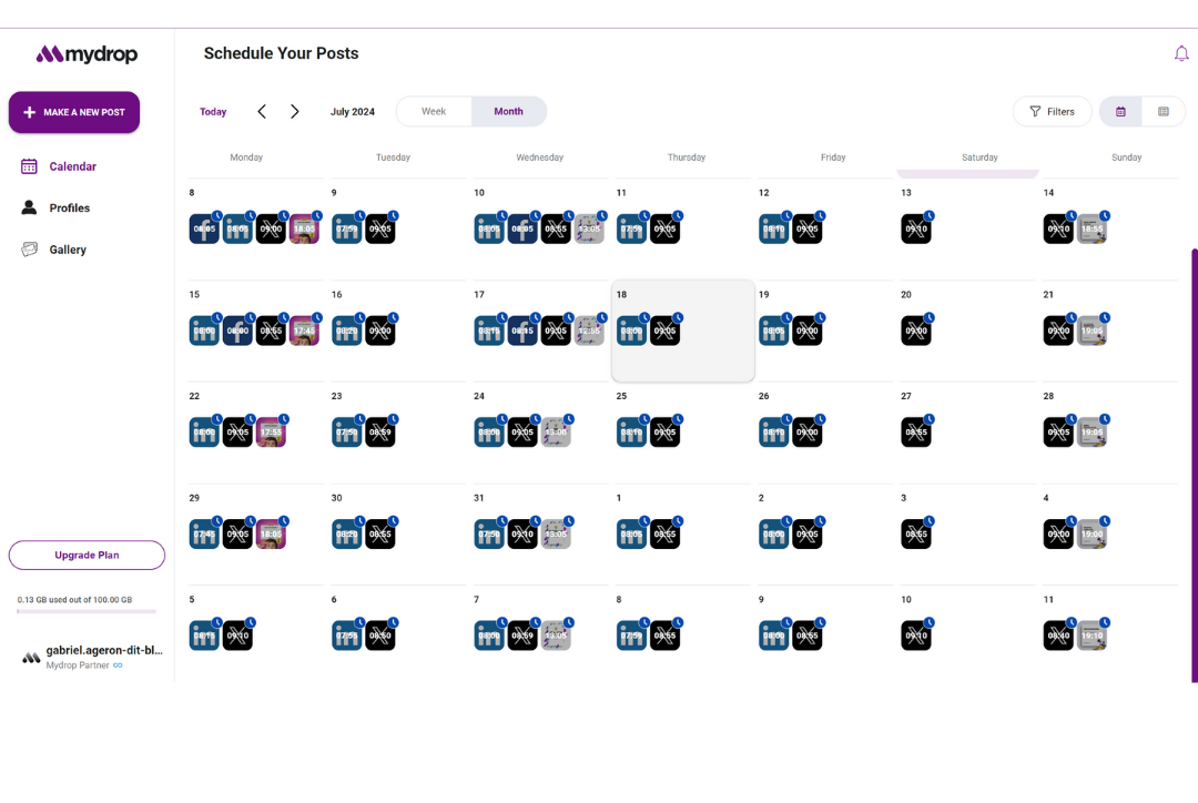 Social content calendar filled with planned posts across multiple dates
