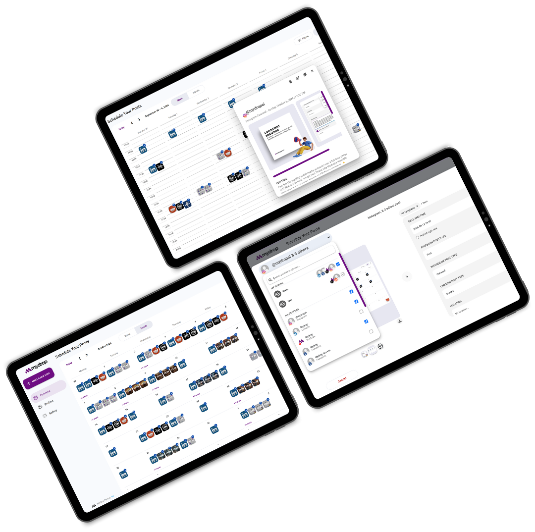 Unified social media dashboard with calendar and performance widgets